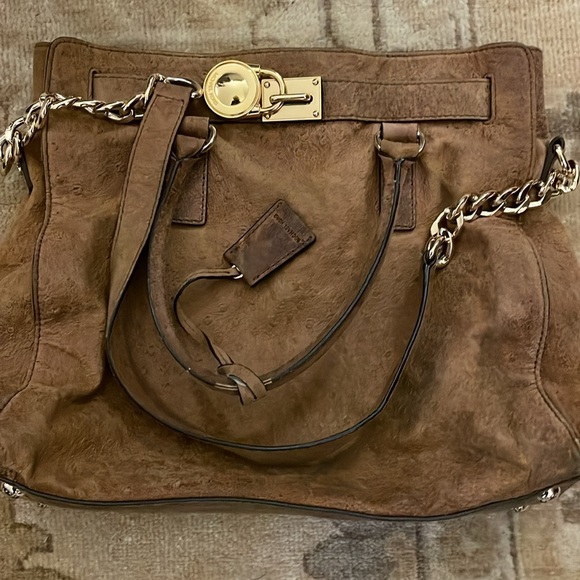 Michael Kors Hamilton Ostrich Suede Embossed Tan Distressed Tote - Picture 2 of 5